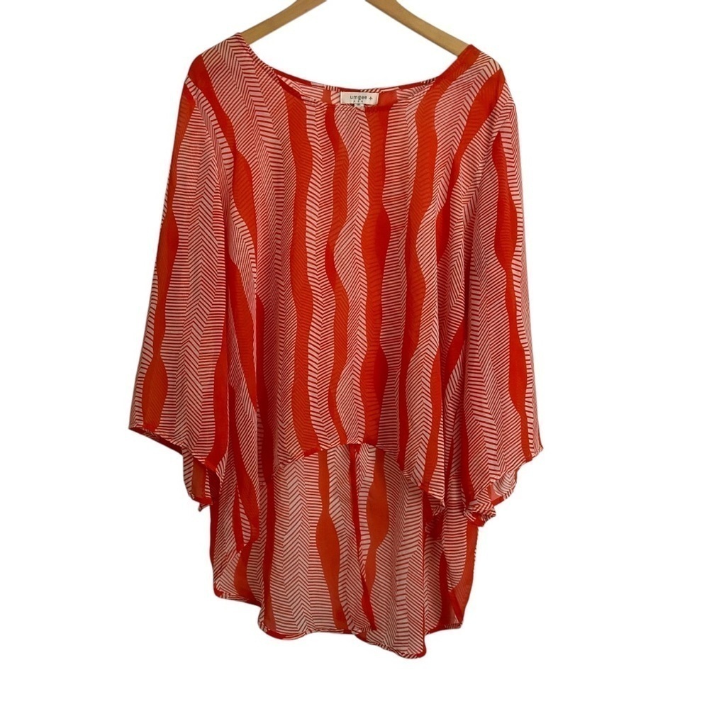 Umgee Plus Sheer Top Orange White Geometric Print Hi-Lo Hem Split Tail Sz 1XL